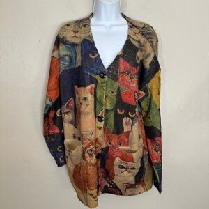Cat Printed Cardigan Sweater Medium Gently worn 56% cotton / 44% wool